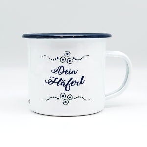 Personalisierte Emaille-Tasse<br>im rustikalen Vintage Design