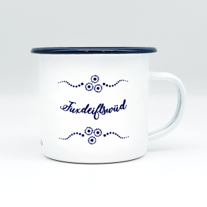 "FUXDEIFLSWÜD" MUNDART HÄFERL<br>Emaille weiß/blau