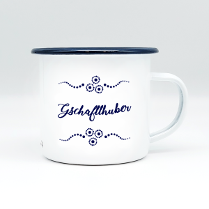 "GSCHAFTLHUBER" MUNDART HÄFERL<br>Emaille weiß/blau