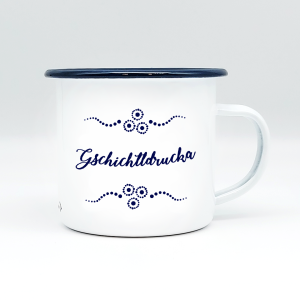 "GSCHICHTLDRUCKA" MUNDART HÄFERL<br>Emaille weiß/blau