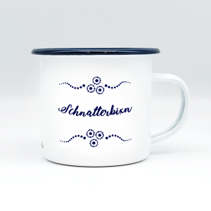 "SCHNATTERBIXN" MUNDART HÄFERL<br>Emaille weiß/blau