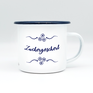 "ZUCKERGOSCHERL" MUNDART HÄFERL<br>Emaille weiß/blau