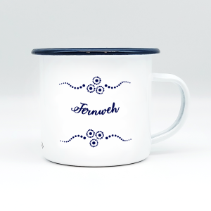 "FERNWEH" MUNDART HÄFERL<br>Emaille weiß/blau