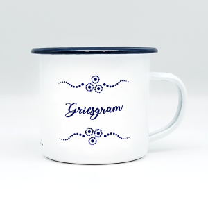 "GRIESGRAM" MUNDART HÄFERL<br>Emaille weiß/blau