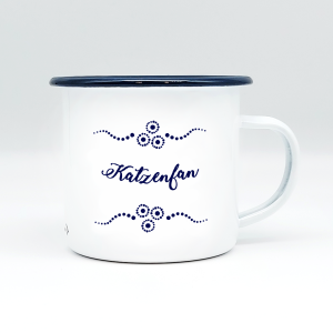 "KATZENFAN" MUNDART HÄFERL<br>Emaille weiß/blau