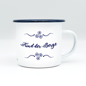 "KIND DER BERGE" MUNDART HÄFERL<br>Emaille weiß/blau