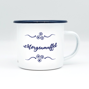 "MORGENMUFFEL" MUNDART HÄFERL<br>Emaille weiß/blau
