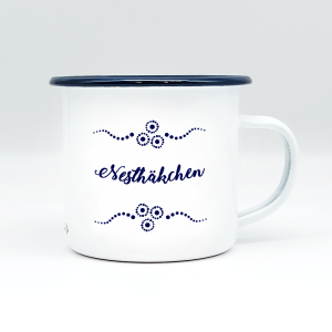 "NESTHÄKCHEN" MUNDART HÄFERL<br>Emaille weiß/blau