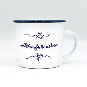 "STEHAUFMÄNNCHEN" MUNDART HÄFERL<br>Emaille weiß/blau