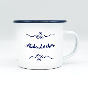 "STUBENHOCKER" MUNDART HÄFERL<br>Emaille weiß/blau