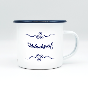 "URLAUBSREIF" MUNDART HÄFERL<br>Emaille weiß/blau