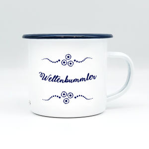 "WELTENBUMMLER" MUNDART HÄFERL<br>Emaille weiß/blau